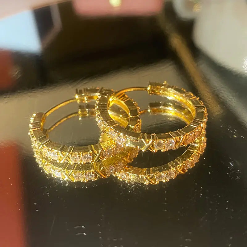Elegant Gold-Plated Zircon Cross X Hoop Earrings