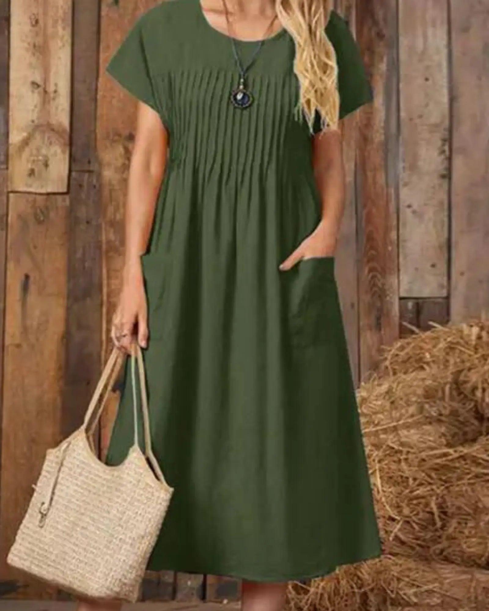 
Robe élégante à col en V mi-mollet - manches courtes, couleur unie