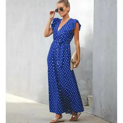 Robe chic à pois avec décolleté en V et manches en forme de pétales 