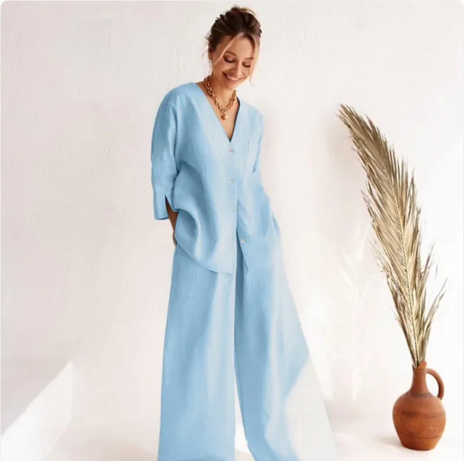 Ensemble pyjama élégant en coton et lin à manches longues - Coupe décontractée