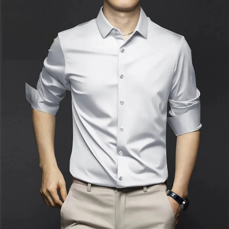 Elegant Ice Silk Business Shirt, Slim Fit, Long Sleeve