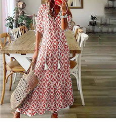 Robe mi-longue bohème chic à col en V et manches trois-quarts