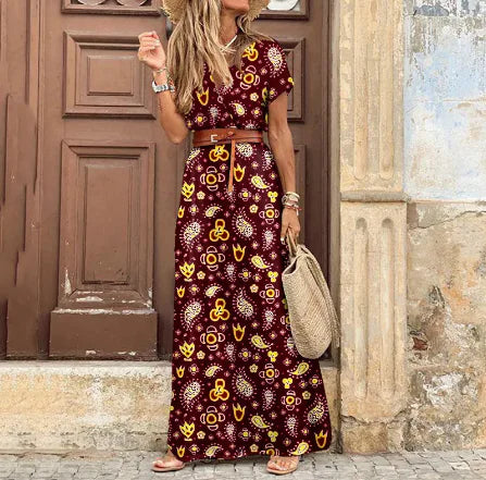 Robe longue imprimée style bohème cintrée à la taille