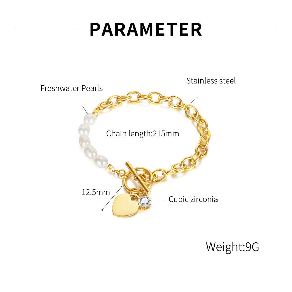 Elegant Freshwater Pearl & Zircon Heart Bracelet