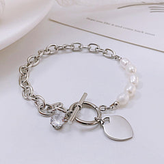 Elegant Freshwater Pearl & Zircon Heart Bracelet