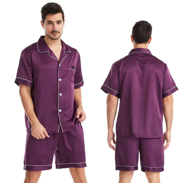 Men's Silk-Feel Pajamas Set - Short Sleeve & Shorts