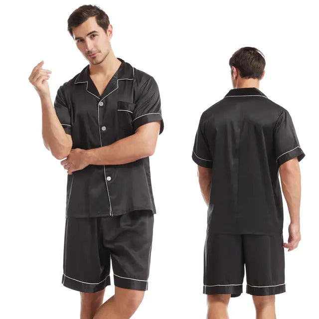 Men's Silk-Feel Pajamas Set - Short Sleeve & Shorts