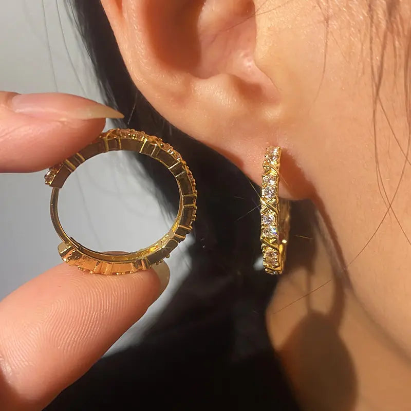 Elegant Gold-Plated Zircon Cross X Hoop Earrings