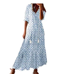 Robe mi-longue bohème chic à col en V et manches trois-quarts