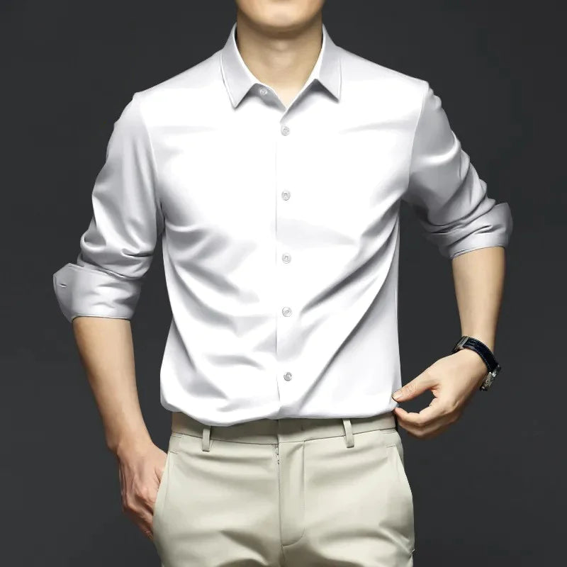 Elegant Ice Silk Business Shirt, Slim Fit, Long Sleeve