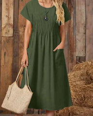
Robe élégante à col en V mi-mollet - manches courtes, couleur unie