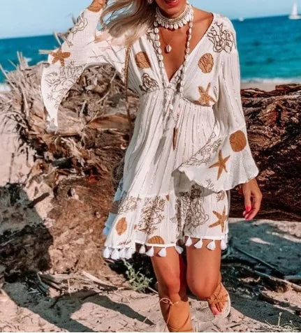 Robe bohème à manches longues et col en V - Élégante et ludique