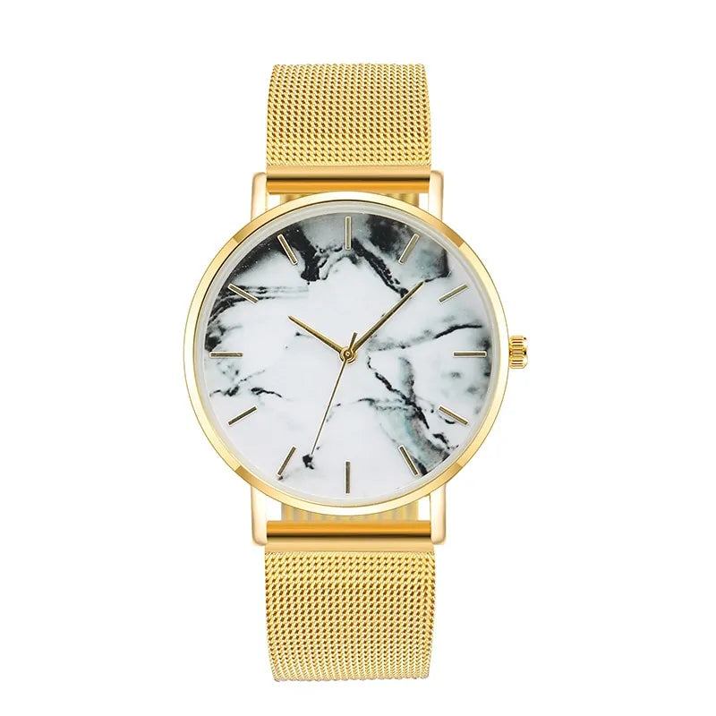 Elegant Marble Dial Watch with Mesh Band