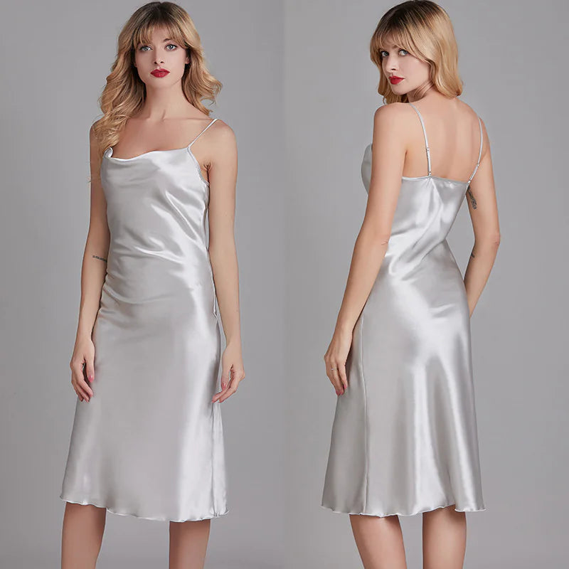 Robe mi-longue élégante en satin à col bénitier - Sans manches