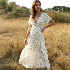 Bohemian Ruffled V-Neck Floral Maxi Dress