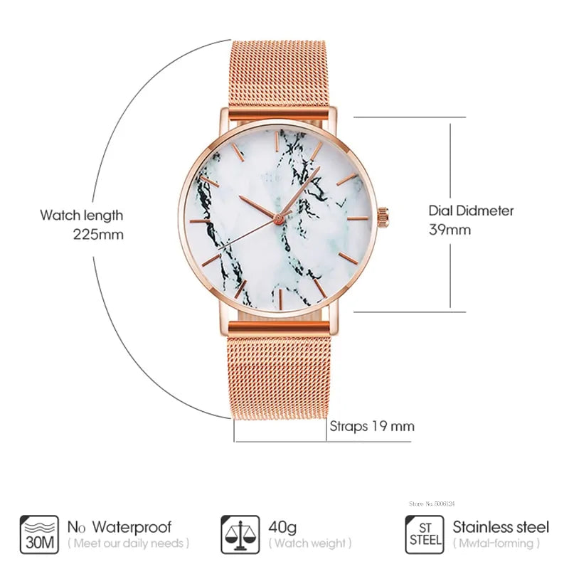 Elegant Marble Dial Watch with Mesh Band