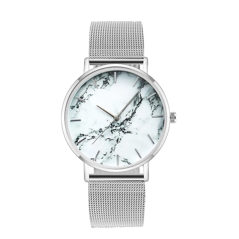 Elegant Marble Dial Watch with Mesh Band