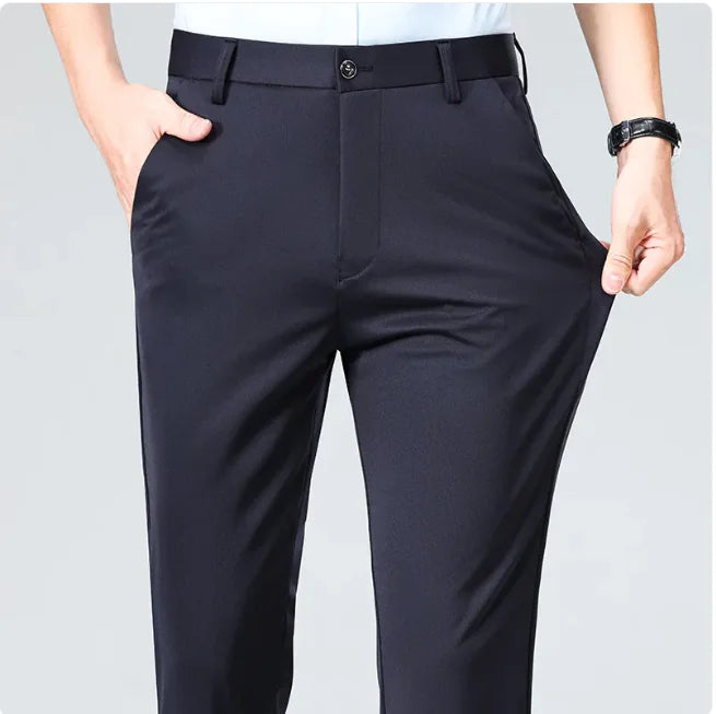Men's Ice Silk High-Waisted Straight-Leg Trousers