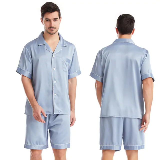 Men's Silk-Feel Pajamas Set - Short Sleeve & Shorts