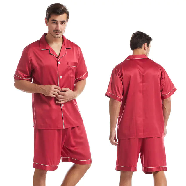 Men's Silk-Feel Pajamas Set - Short Sleeve & Shorts