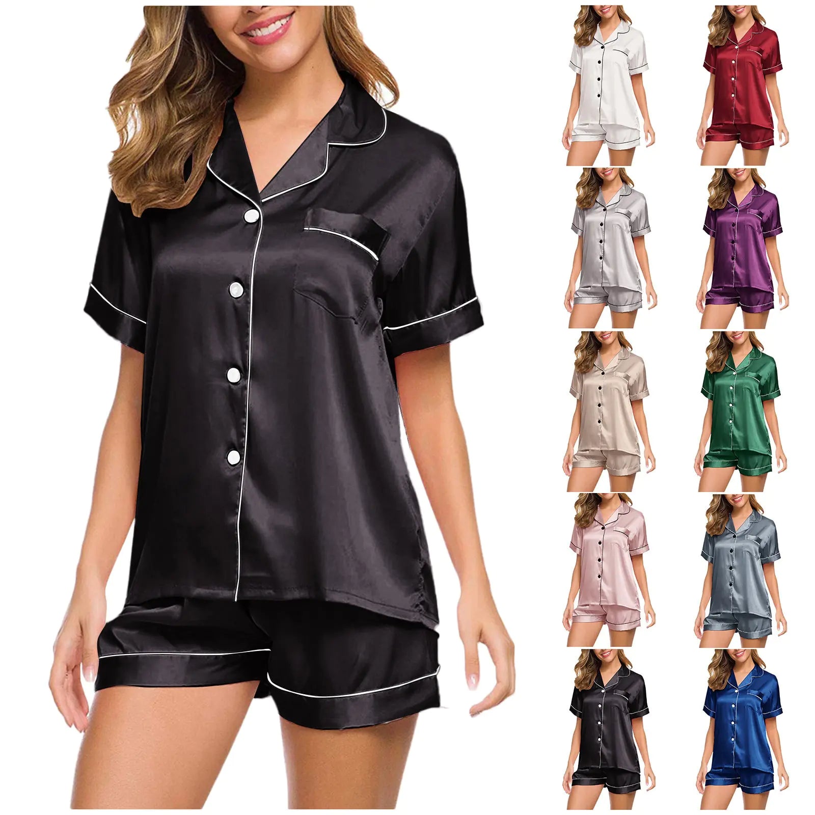Ensemble pyjama élégant pour femme, toucher soie, manches courtes