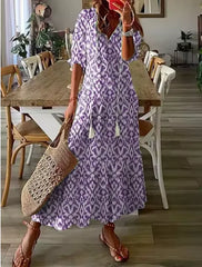 Robe mi-longue bohème chic à col en V et manches trois-quarts