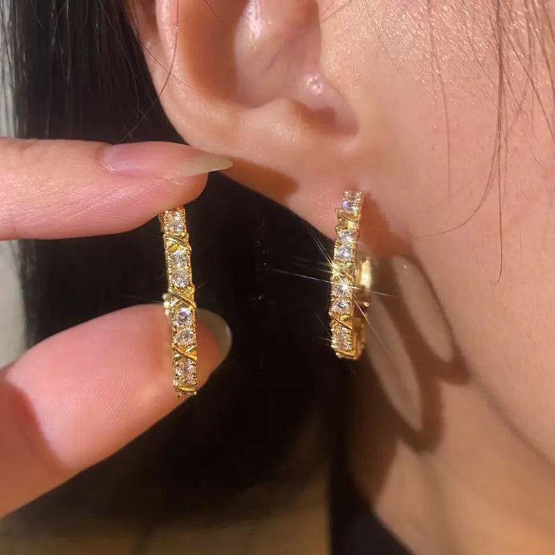 Elegant Gold-Plated Zircon Cross X Hoop Earrings