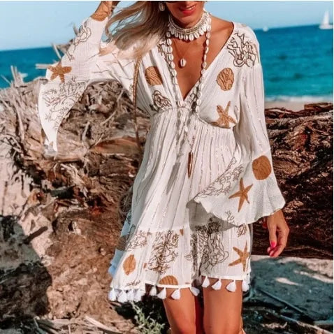Robe bohème à manches longues et col en V - Élégante et ludique