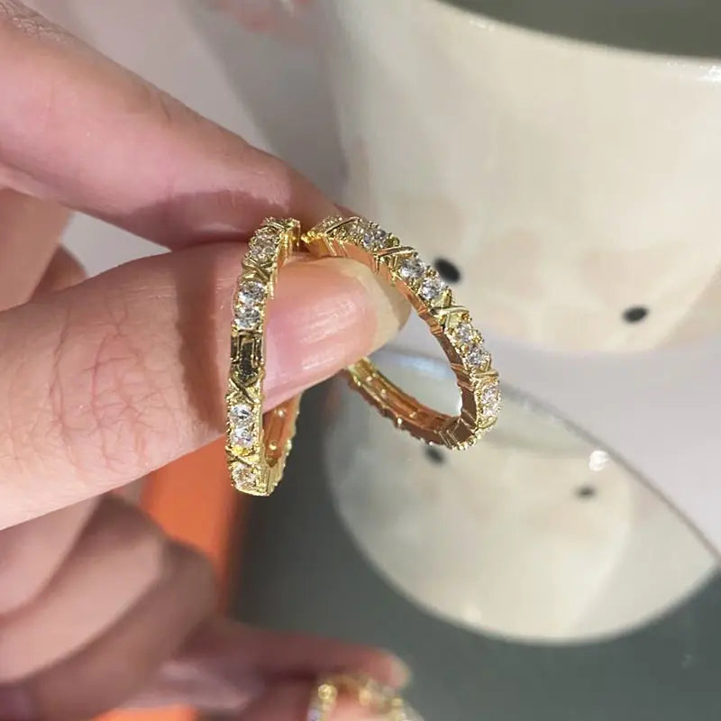 Elegant Gold-Plated Zircon Cross X Hoop Earrings