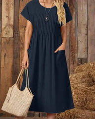 
Robe élégante à col en V mi-mollet - manches courtes, couleur unie