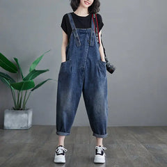 Chic Plus Size Denim Overalls - Korean Style, Dark Blue