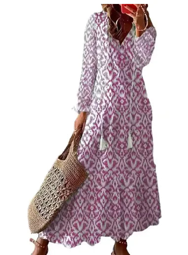 Robe mi-longue bohème chic à col en V et manches trois-quarts