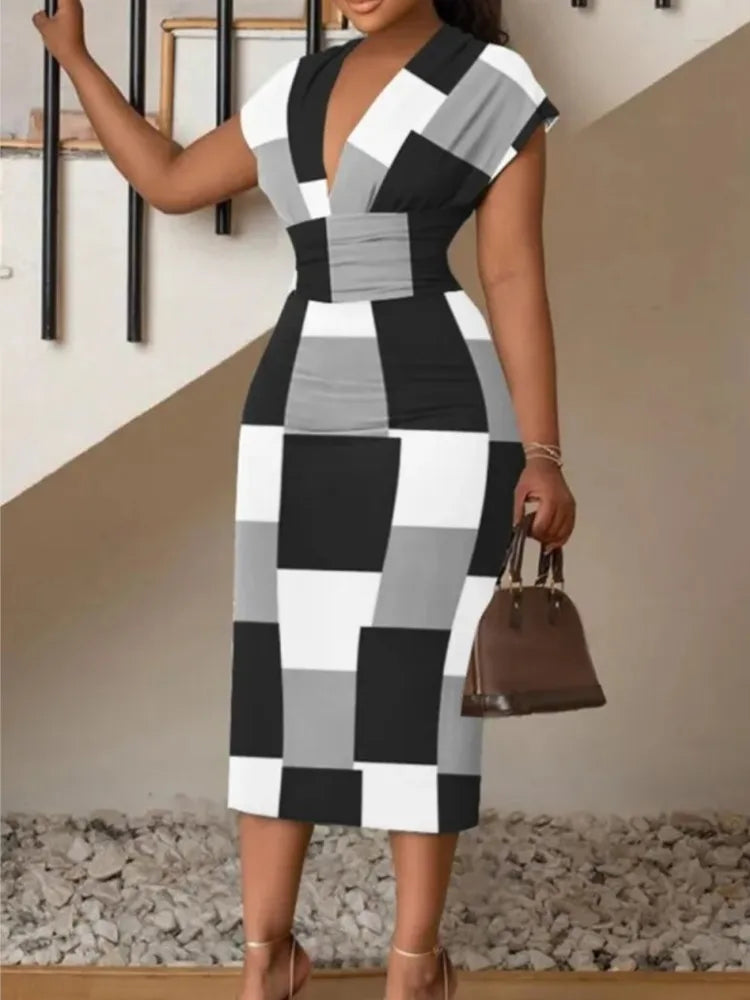 Robe mi-longue moulante imprimée à col en V pour femme