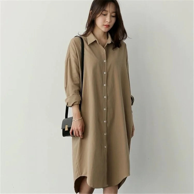 Casual Loose Mid-Length Shirt, Korean Style, Long Sleeve