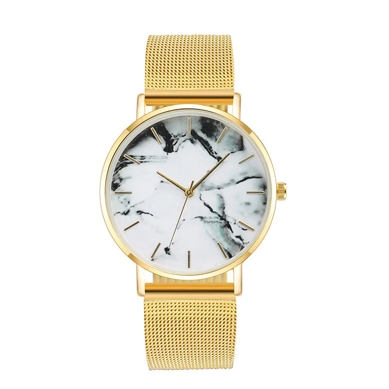 Elegant Marble Dial Watch with Mesh Band