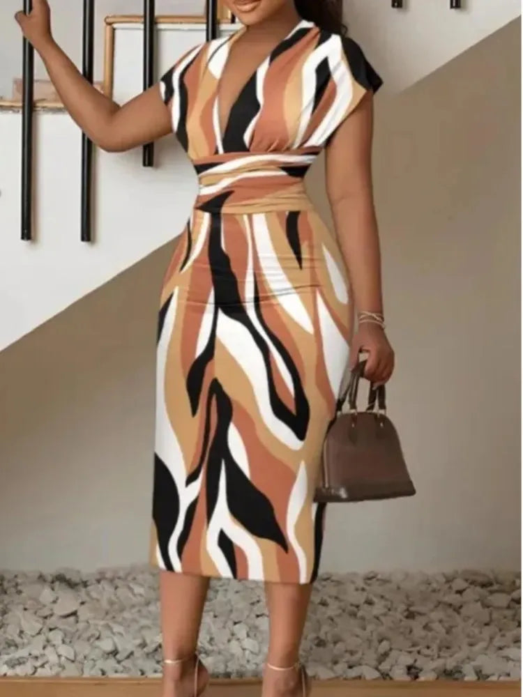 Robe mi-longue moulante imprimée à col en V pour femme