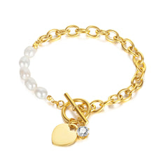 Elegant Freshwater Pearl & Zircon Heart Bracelet