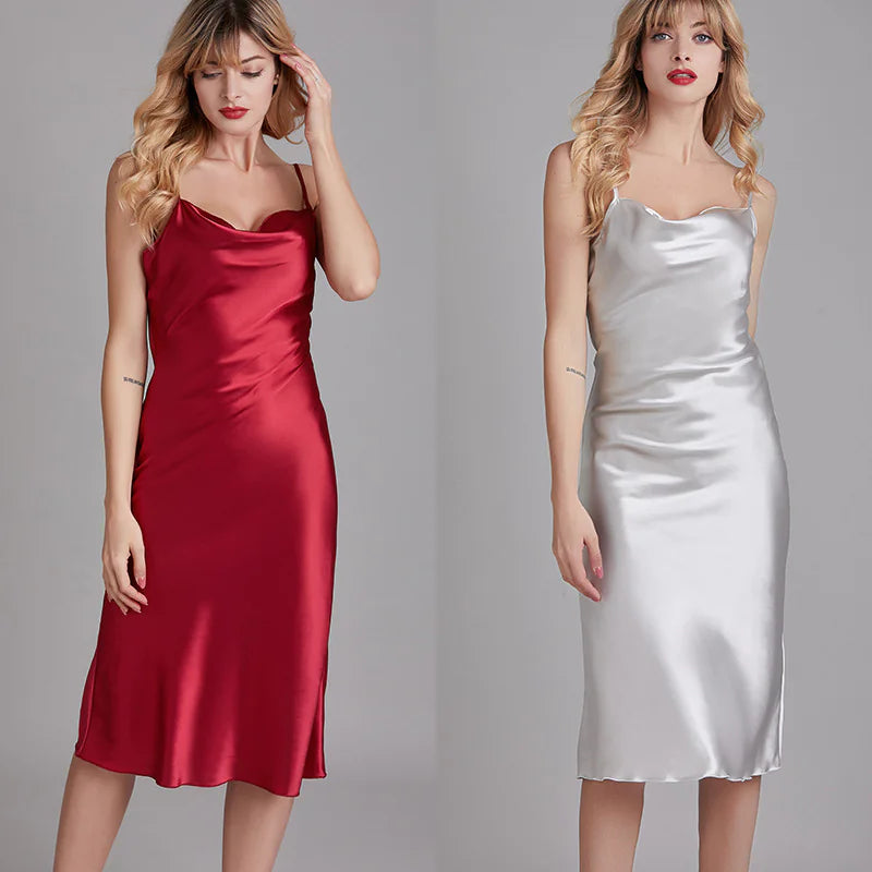 Robe mi-longue élégante en satin à col bénitier - Sans manches