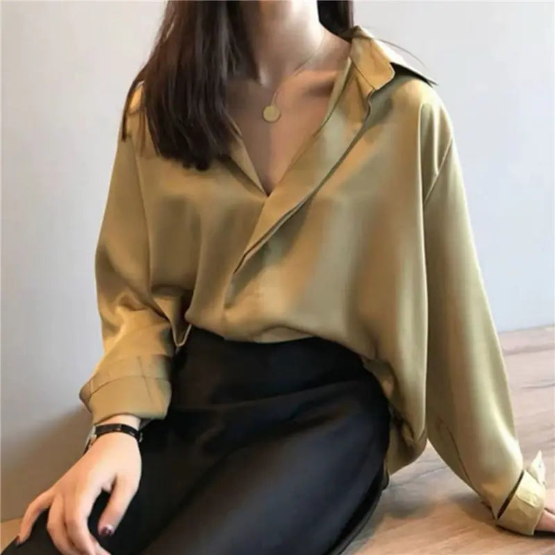 Casual V-Neck Satin Silk Blouse
