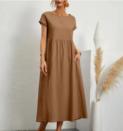 Robe sans manches en coton et lin respirant avec poches