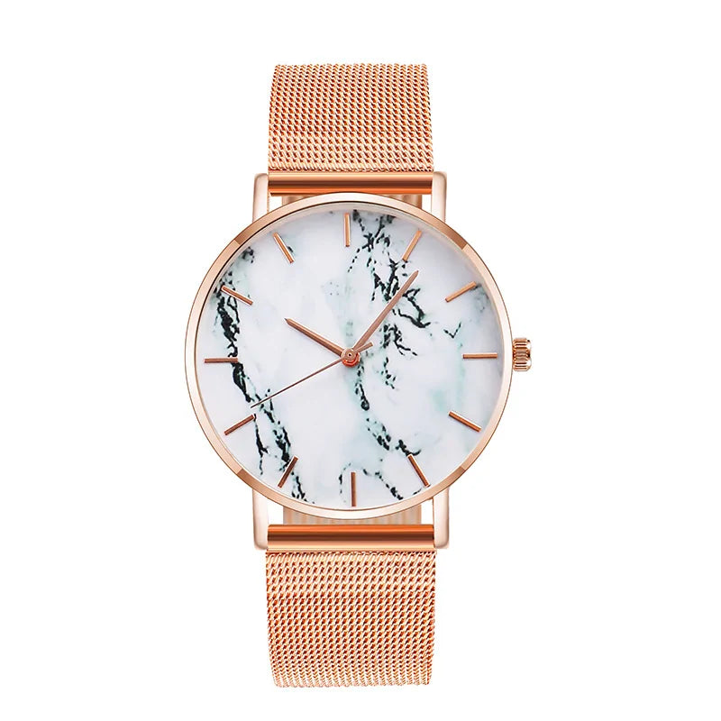 Elegant Marble Dial Watch with Mesh Band
