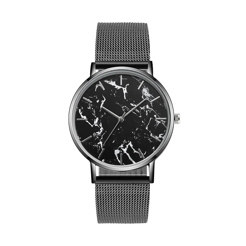 Elegant Marble Dial Watch with Mesh Band