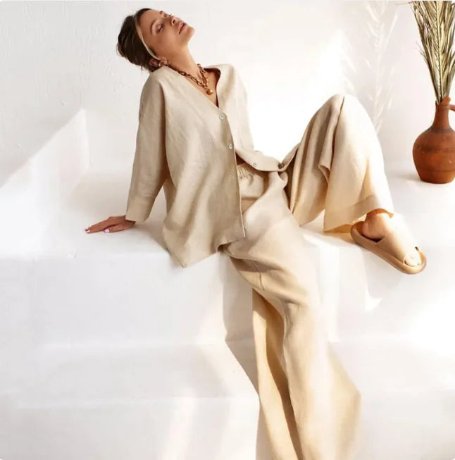 Ensemble pyjama élégant en coton et lin à manches longues - Coupe décontractée