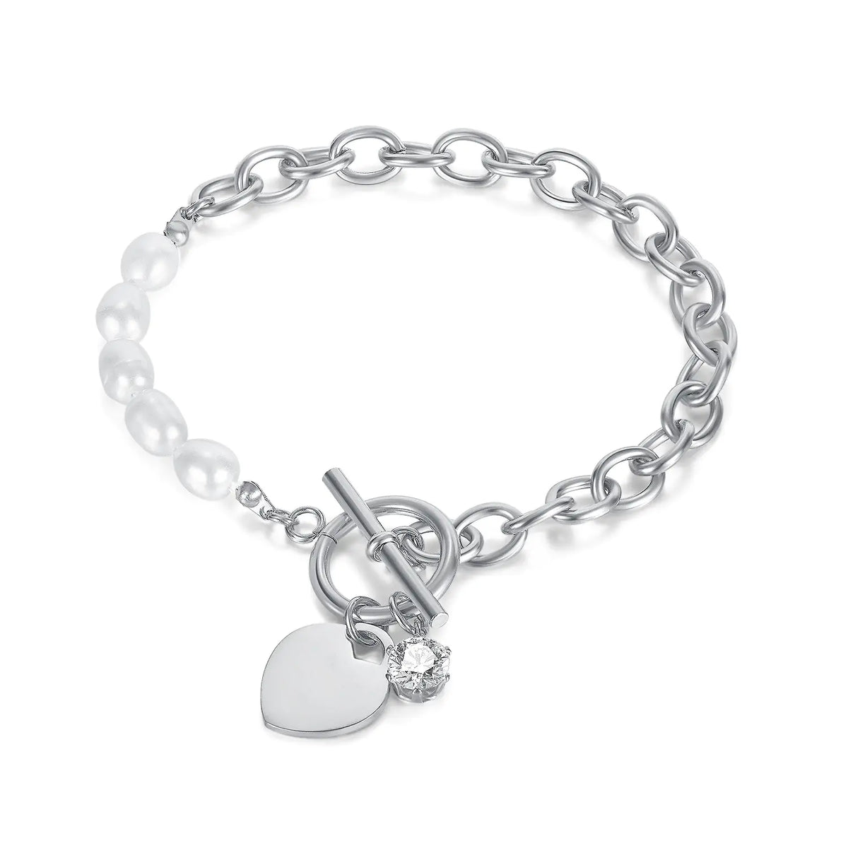 Elegant Freshwater Pearl & Zircon Heart Bracelet