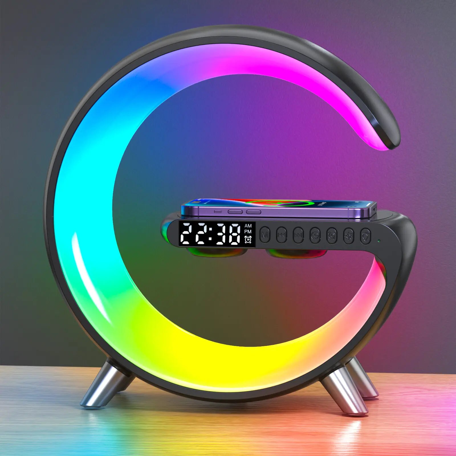 Multifunctional Wireless Charger & Alarm Clock with Bluetooth Speaker