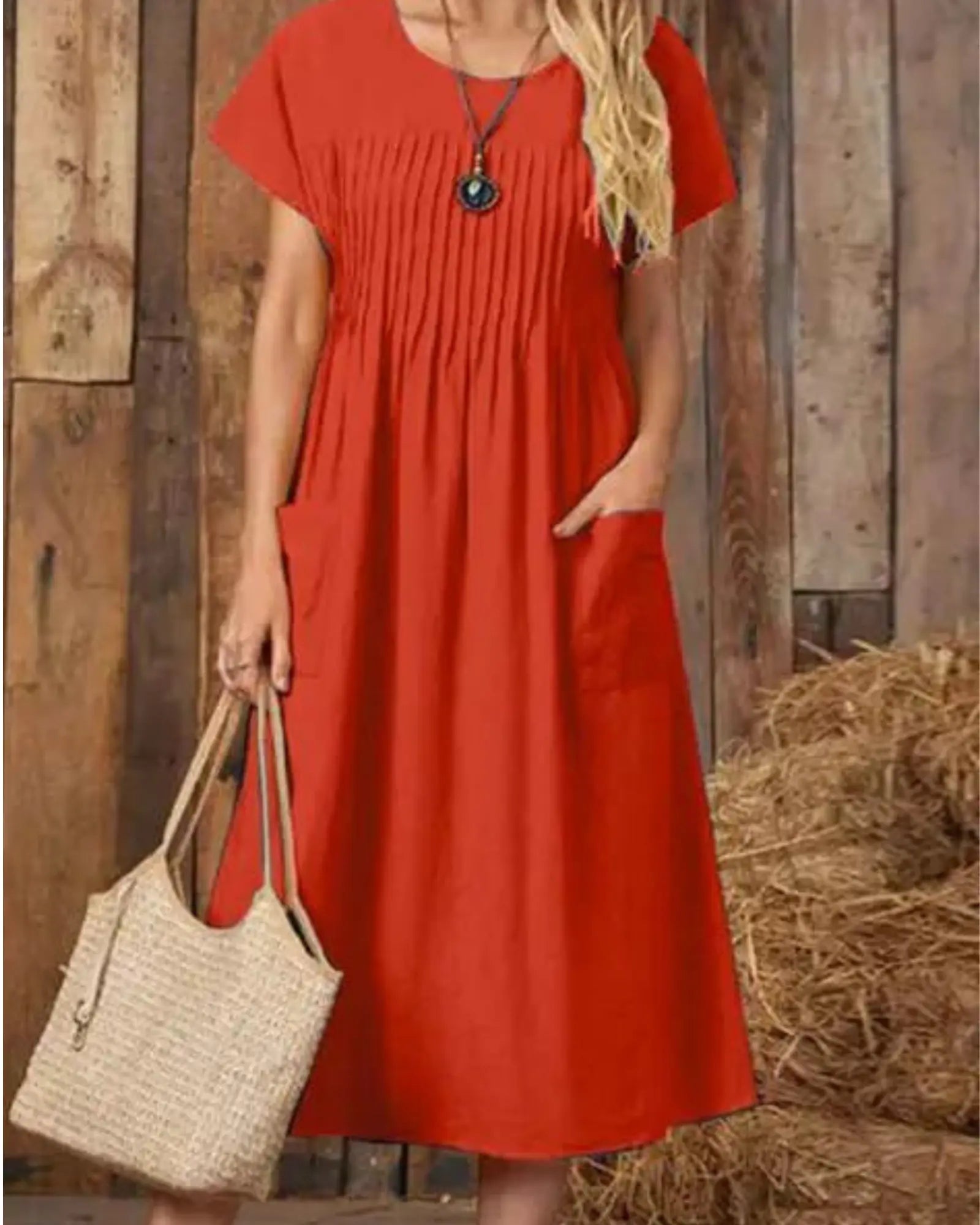 
Robe élégante à col en V mi-mollet - manches courtes, couleur unie