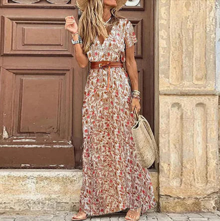 Robe longue imprimée style bohème cintrée à la taille
