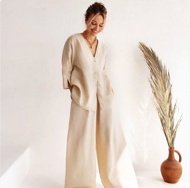 Ensemble pyjama élégant en coton et lin à manches longues - Coupe décontractée