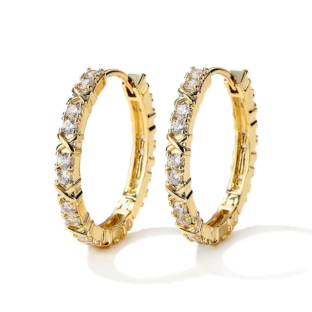 Elegant Gold-Plated Zircon Cross X Hoop Earrings