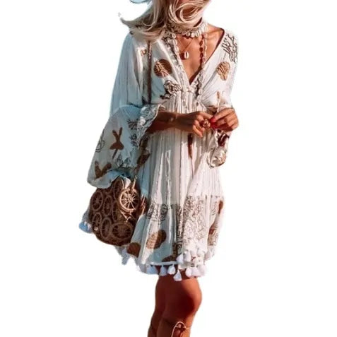 Robe bohème à manches longues et col en V - Élégante et ludique